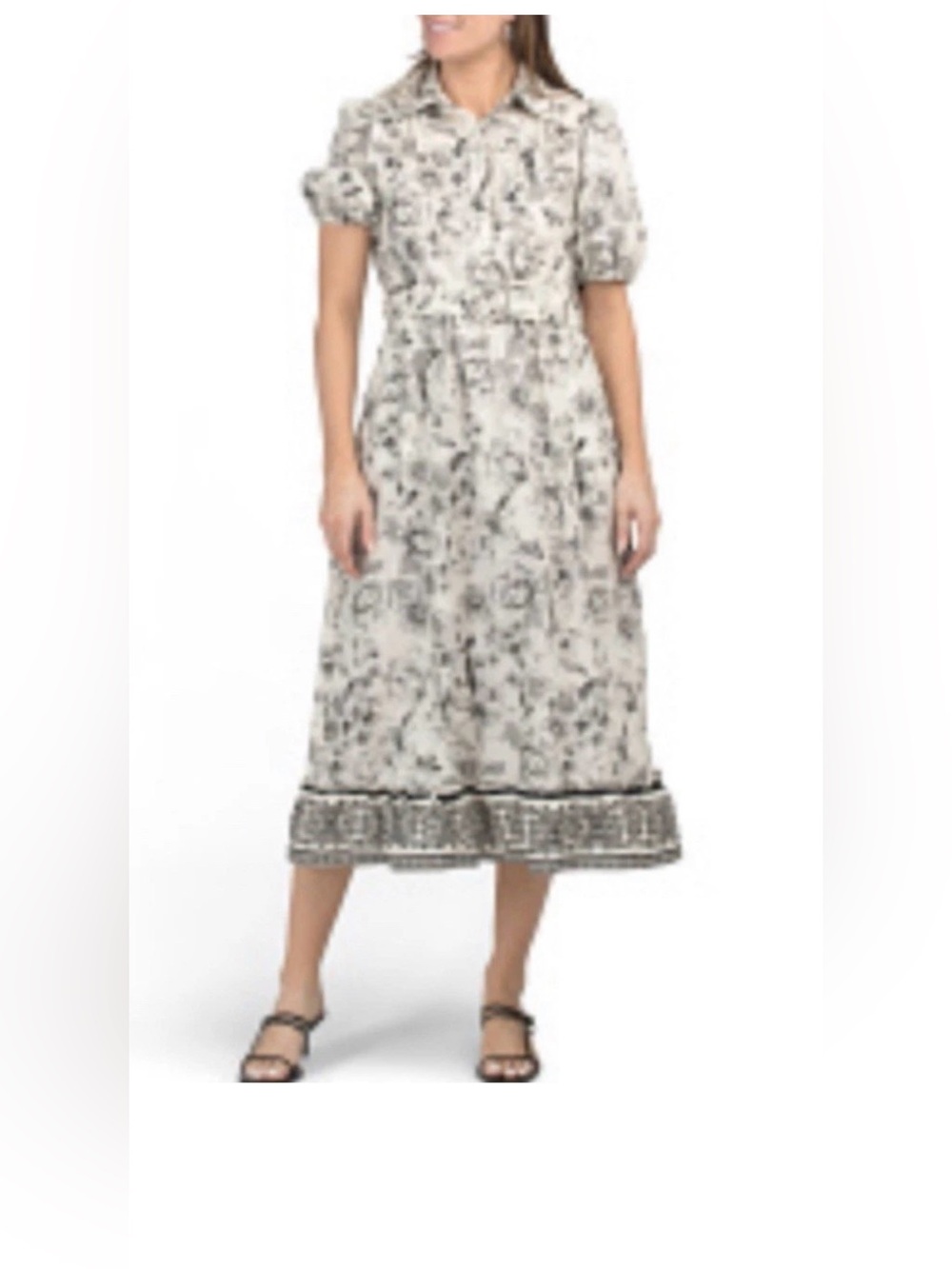 Joie Floral Black& White Puff Sleeve Midi Dress Size 10 button